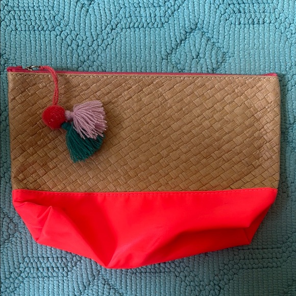 Sephora Handbags - Stylish Tan Straw and Neon Red Women's Clutch or Cosmetics Bag with PomPom